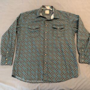 Roper Western Shirt Mens XL Blue Brown Geometric Pearl Snap Front Long Sleeve